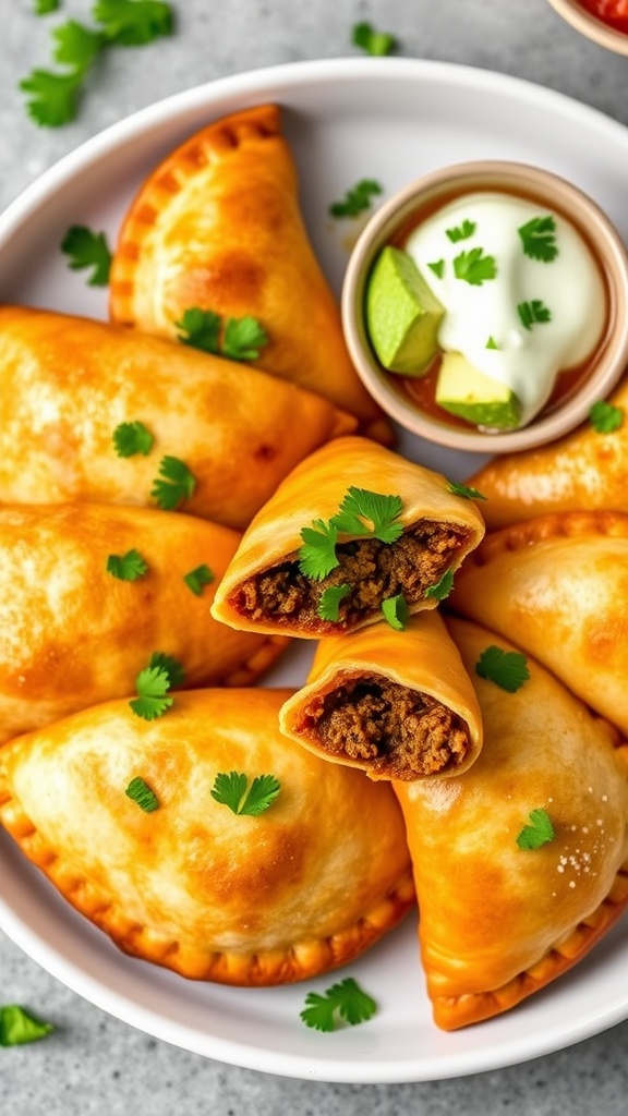 Golden-brown air fryer beef empanadas on a plate with salsa and avocado crema.